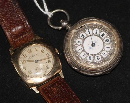 A gentlemens 9ct gold wristwatch by Paul Buhre and a silver open-face fob watch.